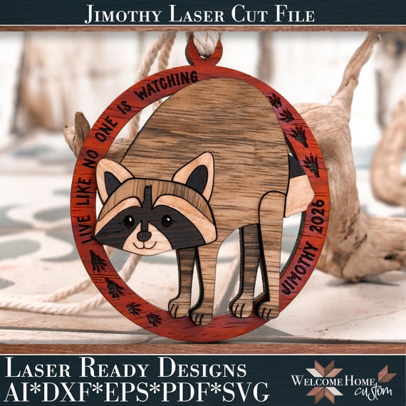 Raccoon Ornament, Jimothy Intarsia Laser Cut File | Wood SVG PDF DXF | 3.57x4.24 Inch, Kerf Options