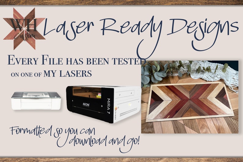 May include: A laser-cut wooden tray with a geometric pattern in shades of brown, red, and white. The tray is on a wooden surface with a white crocheted blanket and green leaves. The text "Laser Ready Designs" is at the top of the image. The text "EVERY FILE HAS BEEN TESTED ON ONE OF MY LASERS" is below the logo. The text "Formatted so you can download and go!" is at the bottom of the image.
