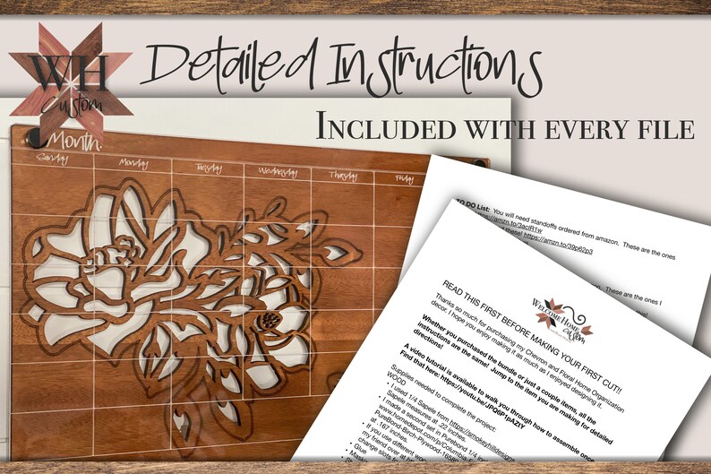 Chevron Floral Undated Dry Erase Wall Calendar Laser Cut File Digital Download SVG PDF DXF Mothers Day Gift Teacher Gift image 3