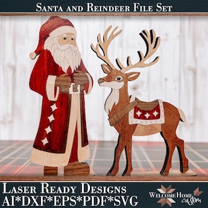 May include: A laser-cut wooden Santa Claus figure in a red coat with white trim and a reindeer figure with a saddle, featuring the text "SANTA AND REINDEER FILE SET" and "LASER READY DESIGNS AI*DXF*EPS*PDF*SVG" along with the "Welcome Home custom" logo.