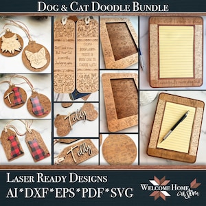 May include: A set of laser-cut wood crafts featuring dog and cat doodles. The set includes bookmarks, ornaments, picture frames, and notepads. The designs are intricate and whimsical, with a variety of dog and cat breeds represented. The text on the notepads reads "List of stuff I need to buy" and "Just kidding... it's more dog toys".