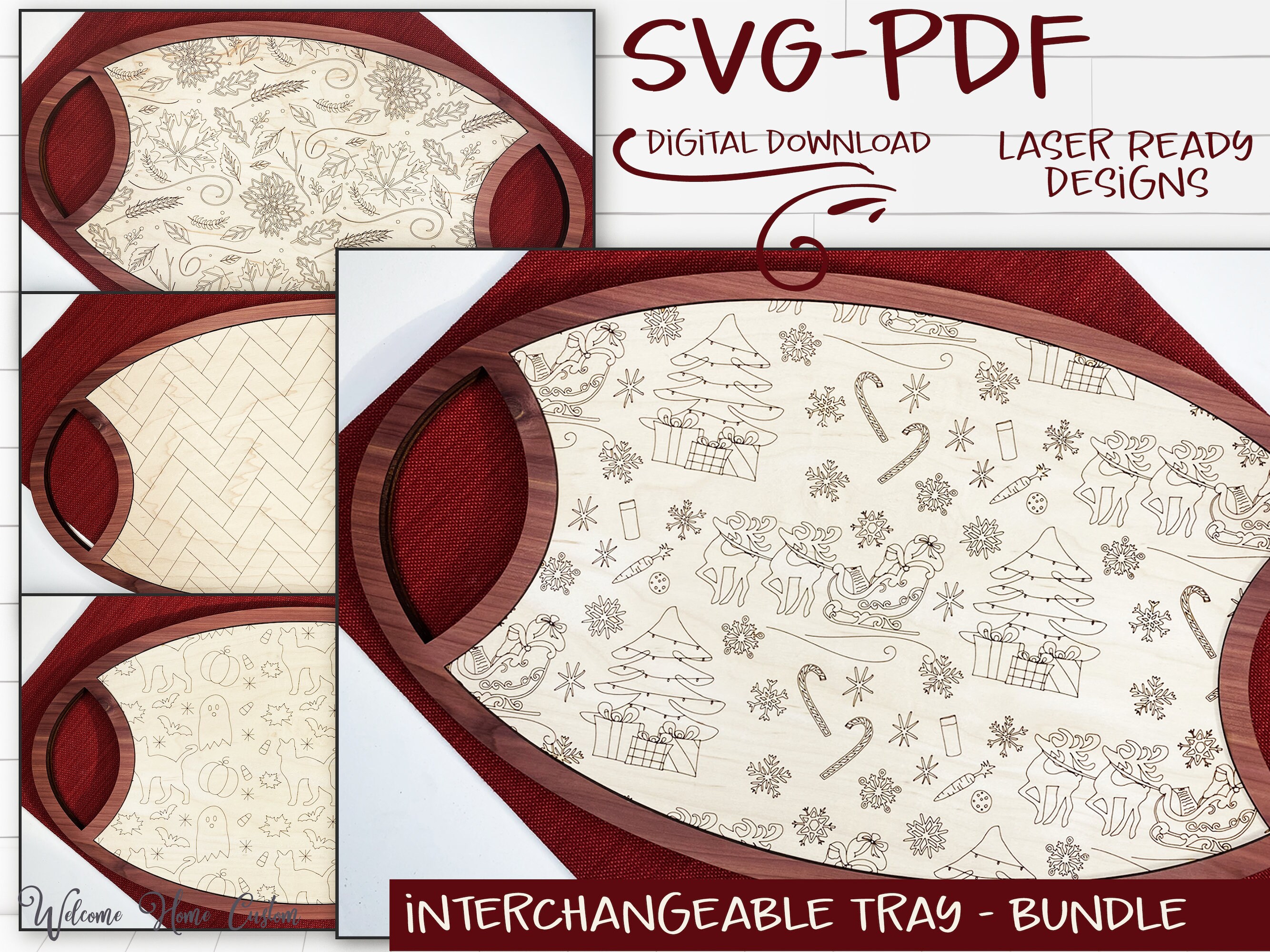Plateau interchangeable SVG Laser coupé fichiers - modèles pour le 4ème trimestre - Noël Père Noël, chevrons, récolte d’automne, Halloween, SVG PDF numérique