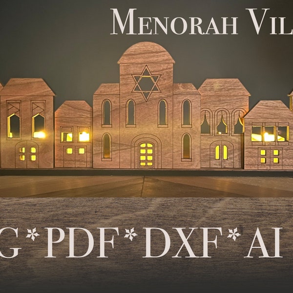 Menorah Village SVG laser cut files - lighted village scene for Glowforge and other lasers - Hanukkah - Nontraditional Decor