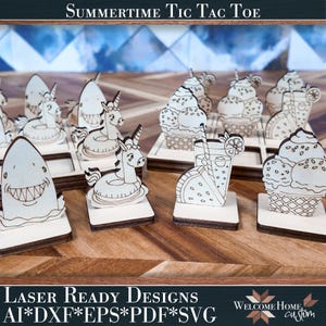 Può includere: Un gioco del tris in legno intitolato Summertime Tic Tac Toe con pezzi tagliati al laser a forma di squali, unicorni su salvagente, coni gelato e bevande con fette di anguria. Include file di design pronti per il taglio laser.