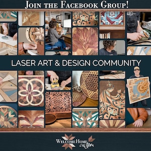 Card inviting makers to join the Welcome Home Custom laser art and design community on Facebook.