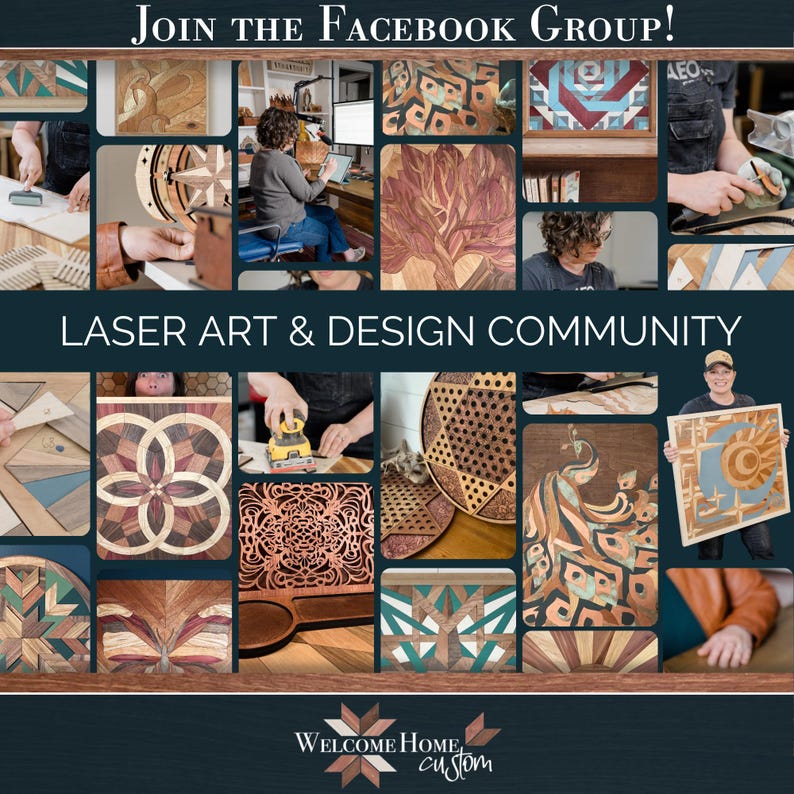 Card inviting makers to join the Welcome Home Custom laser art and design community on Facebook.