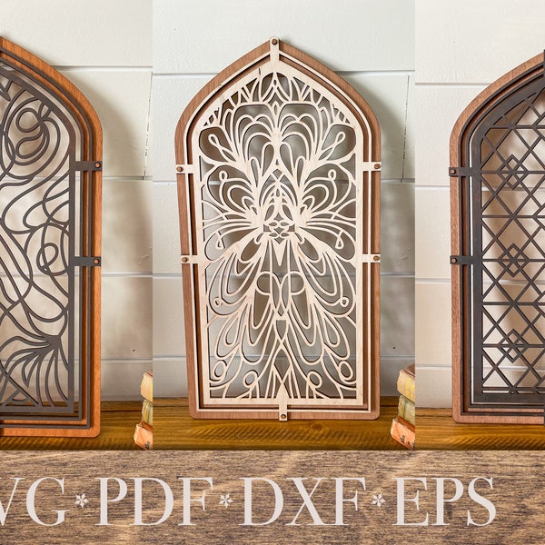 Cathedral Window Laser cut Files Bundle with Iron gate detail SVG PDF formats by Welcome Home Custom