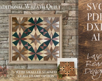 Quilt Wreath laser cut file bundle - Traditional Quilt SVG - marquetry artwork for laser cutters - welcome home custom