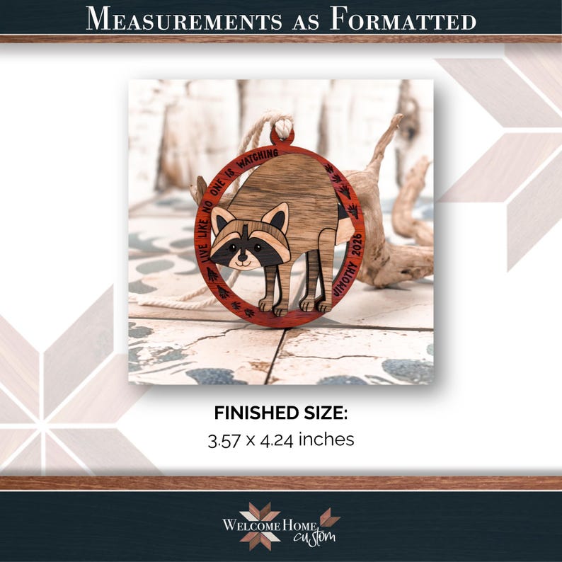 a wooden raccoon ornament with a red border, placed on a tiled surface.