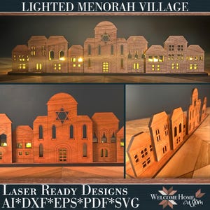 Menorah Dorf SVG Laserschnittdateien - beleuchtete Dorfszene für Glowforge und andere Laser - Hanukkah - Unkonventionelle Dekoration
