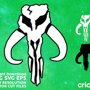 May include: A black and white silhouette of a Mandalorian symbol, also known as the "Death Watch" symbol. The symbol is a stylized skull with horns and a T-shaped design. The symbol is on a green background with white speckles.