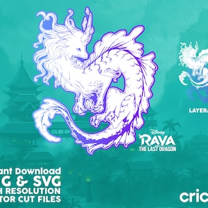 Può includere: Un'illustrazione digitale stratificata, bianca e viola, di un drago del film Disney Raya e l'Ultimo Drago. L'immagine è adatta per il taglio con una macchina Cricut.