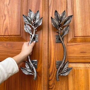 Può includere: Due maniglie per porte ornate con un design a foglie e rami. Le maniglie sono in metallo e hanno una finitura argentata. Una maniglia viene aperta da una mano.