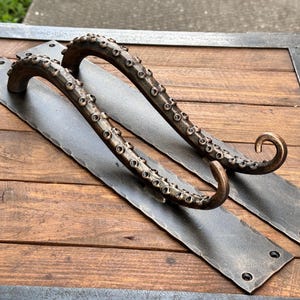 Puede incluir: Dos manijas de puerta con forma de tentáculo, color bronce, montadas sobre placas de metal gris oscuro. Las manijas tienen una superficie texturizada con pequeños detalles circulares. Las placas están fijadas a una superficie de madera.