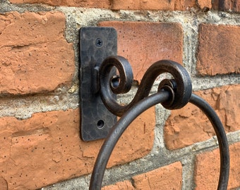 Living Ideas Hand Forged Towel Ring - Wrought Iron Wall Mounted Towel Holder With Antique Black Finish