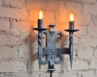 Rustic Wrought Iron Wall Sconce  Hand Forged Candle Style Light Fixture, Medieval Gothic Farmhouse Wall Lamp, Rustic Home Decor. French Lamp