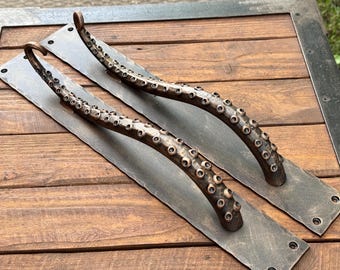 New model. Pirate Massive wrought iron octopus door pulls. Kraken door handles. Barn door pull. Tentacle door handles. Octopus door handle.