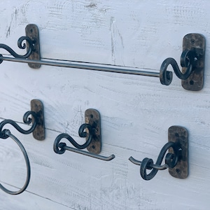 Modern farmhouse 4 piece bathroom hardware set. Towel bar. Towel ring. Toilet paper holder. Wall hooks