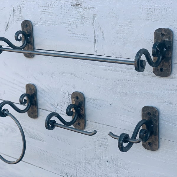 Modern farmhouse 4 piece bathroom hardware set. Towel bar. Towel ring. Toilet paper holder. Wall hooks