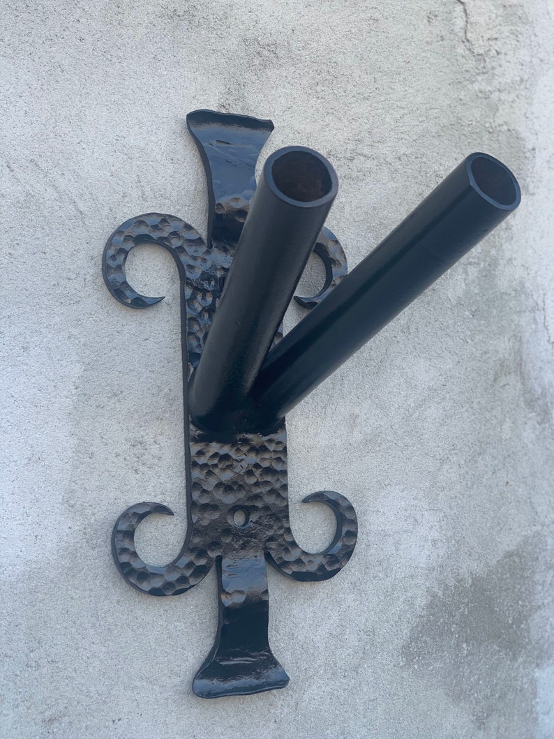 Double wrought iron flag holder Flag pole holder Wall flag | Etsy