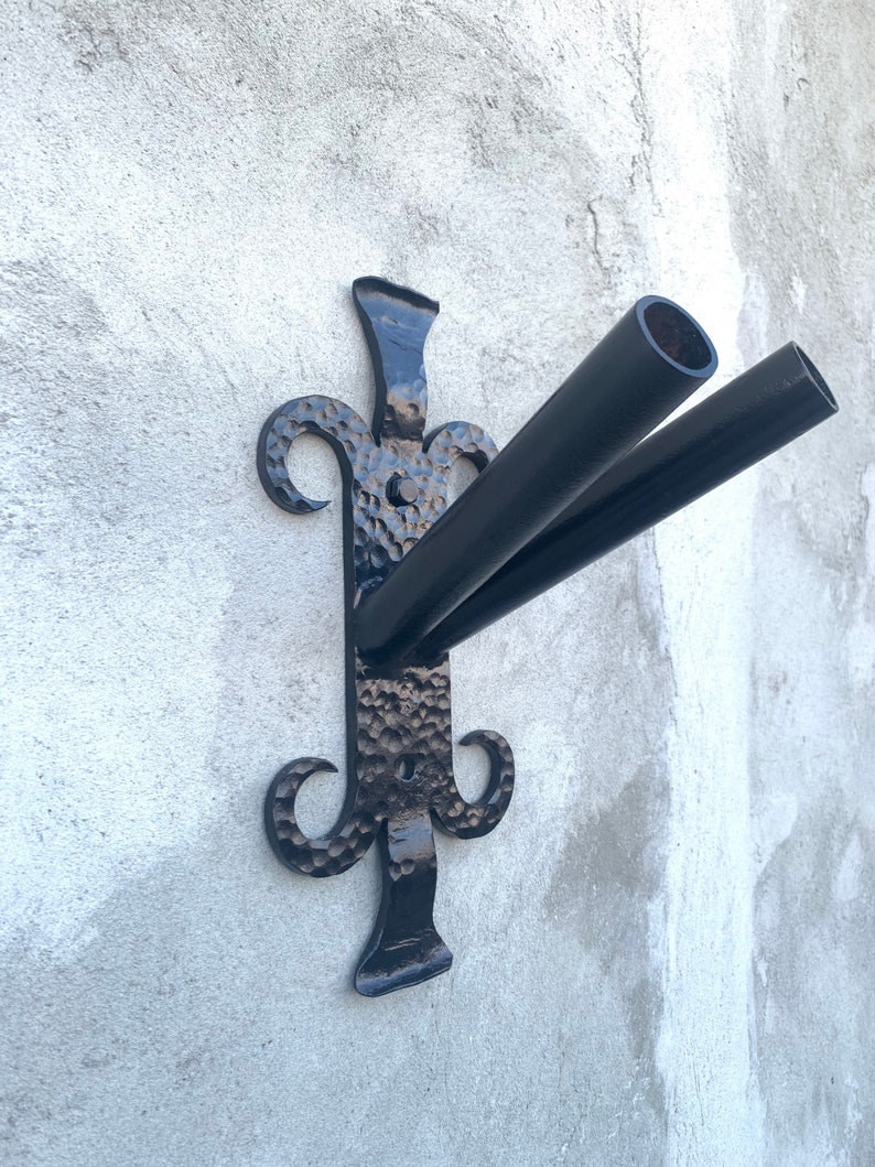 Double wrought iron flag holder Flag pole holder Wall flag | Etsy