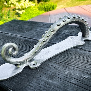 Könnte beinhalten: Ein silberner Türgriff aus Metall in Form eines Kraken-Tentakels. Der Griff hat eine strukturierte Oberfläche und ein gekräuseltes Ende.