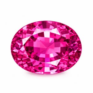 May include: A vibrant, oval-cut gemstone with a deep, saturated hot pink color. The stone features a faceted surface that creates a complex, geometric pattern of light and dark reflections across its entire top face, emphasizing its clarity.