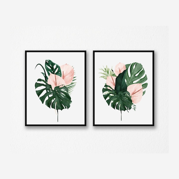 Set Of 2 Botanical Prints, Botanical Fern Print, Monstera Wall Art, Botanical Home Decor, Green And Pink, Pink Wall Art, Lily Print