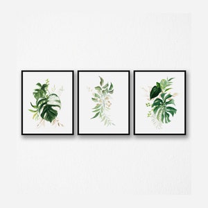 Set Of 3 Botanical Prints, Botanical Fern Print, Monstera Wall Art, Leafy Wall Art, Botanical Wall Art, Green And Gold, Art Prints