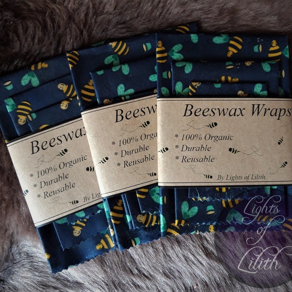 Beeswax Wraps - 100% Organic, Natural, Kitchen, Food Wrap, Bees, Set Of 3, Kitchen Aid, Bee Print, Eco-Friendly, Beeswax Cloth