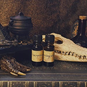 Könnte beinhalten: Zwei kleine Glasflaschen Öl mit schwarzen Kappen und Etiketten mit der Aufschrift "Uncrossing Oil" stehen auf einer dunklen Oberfläche. Eine dekorative Alligatorkralle und ein Schädel sind ebenfalls vorhanden, zusammen mit einem schwarzen Kessel.