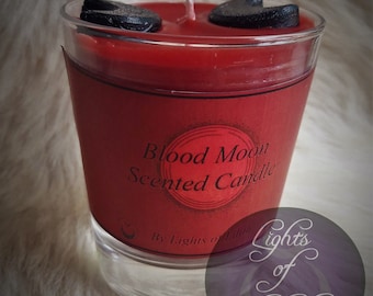 Bougie parfum Blood Moon - Halloween, Automne, 230ml, Bougie d’aromathérapie, Faite à la main, Bougie rouge, Fraise, Fleur de pommier, Lune de sang, Rituel