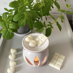 May include: White ceramic wax warmer with a heart-shaped wax melt on top. There are four additional heart-shaped wax melts and a white wax bar on a white surface.