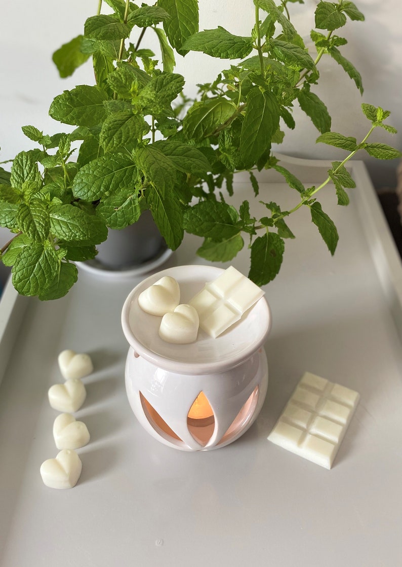 May include: White ceramic wax warmer with a heart-shaped wax melt on top. There are four additional heart-shaped wax melts and a white wax bar on a white surface.