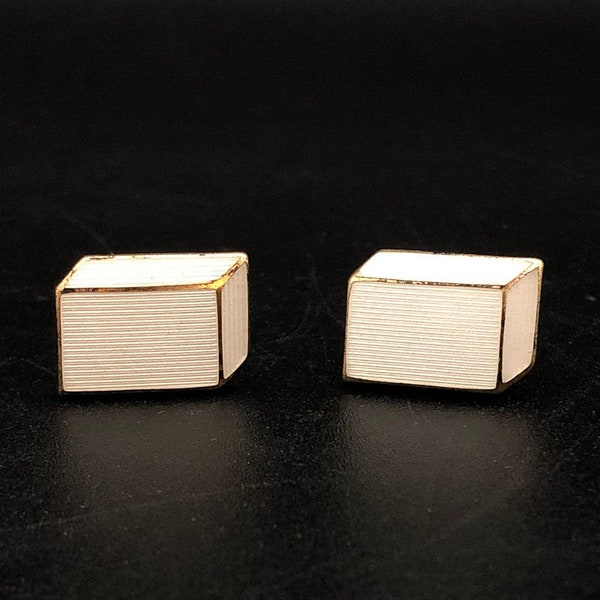 Aksel Holmsen of Norway Sterling Silver and Guilloche Enamel Cuff Links White with Vermeil Trim Box Shape Bullet Back Closure