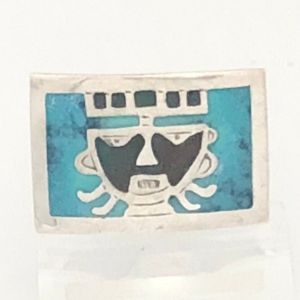 Graziella Laffi of Peru Modernist Brooch with Inlaid Turquoise and Other Stones Face Portrait Mid Century Unisex Pin