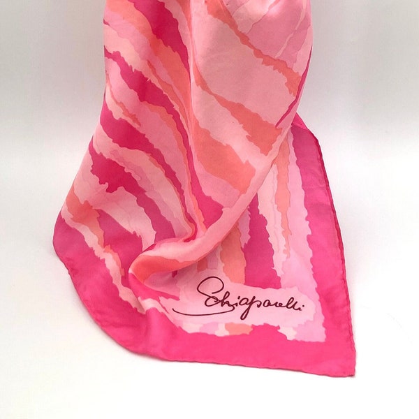 Elsa Schiaparelli Silk Shocking Shades of Pink with Orange Accents Watery Geometric Scarf for Head or Neck