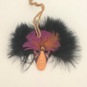 Miniature Ceramic Mardi Gras Warrior Mask with Layered Feathers Decorative Wall Hanging