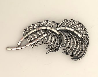 Limited Edition Estate by Monet Feather Pin #20 of 500 Channel Set Clear Crystals Rhinestones on Silver and Black Metal Statement Brooch