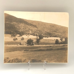 May include: A black and white photograph of a rural landscape with a mountain in the background. The foreground shows a field of hay with a horse-drawn wagon and people working in the field. The mountain is covered in trees and the sky is cloudy.