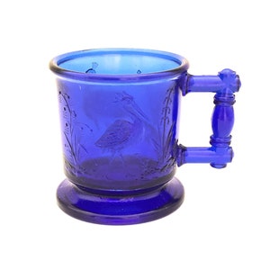 Antique Cobalt Blue Glass Child&#39;s Mug: Heron & Peacock, 1880s EAPG