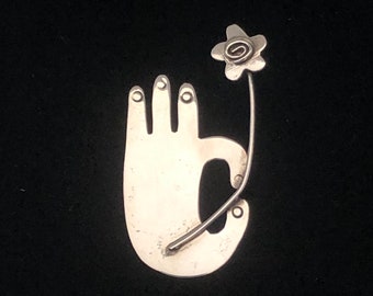 Naldo© Sterling Silver Hand Holding a Flower Hippie BoHo Peace Love and Joy Flower Power Symbol Vintage Modernist