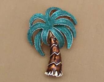 Tropical Palm Tree Brooch Sarong Beach Wrap Tie Gold Tone Metal with Brown Enamel and Green Glitter Newer Vintage Party Pin Resort Cruise