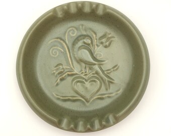 Chatham Pottery, Inc. Matte Forest Green Bowl or Ashtray with Heart, Bird, and Flowers Vintage Kansas Stoneware Art Pottery