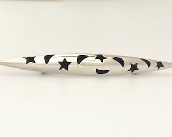 Celestial Crescent Moon and Stars Sterling Silver Cut Out Pin Tapered Bar Shape Signed BA