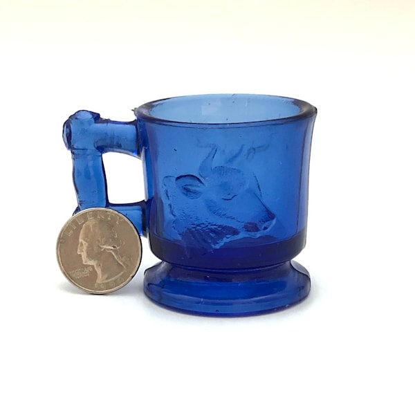 Bryce Brothers Stag and Steer 2 inch Mug Cobalt Blue EAPG Smallest Size Cup 1800's Pittsburg Antique Glass