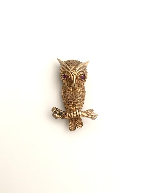 Les Bernard Sterling Silver Owl Pin with Ruby Eyes