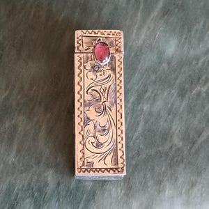 800 Silver Etched Art Nouveau Lipstick Case with Pop Up Mirror and Bezel Set Pink  Cabochon
