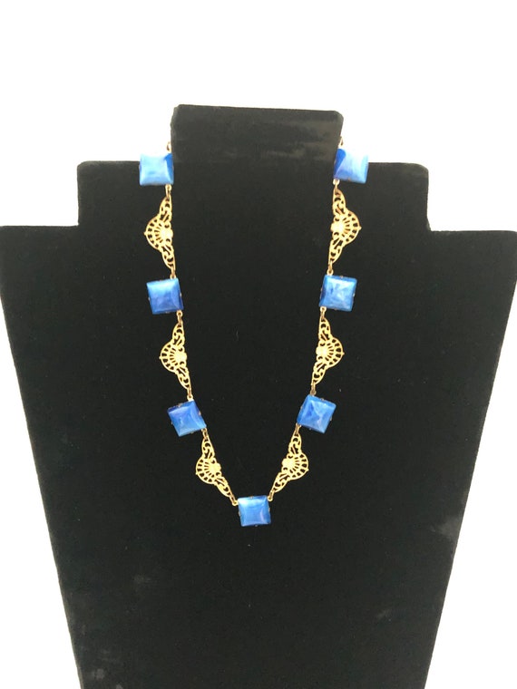 Antique Art Deco Marbled Blue Lapis Glass on Gilt… - image 1