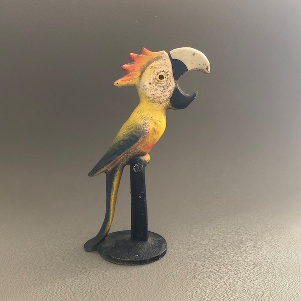 Original John Wright Marked Cast Iron Parrot Bird on Perch Bottle Opener Vintage Bar Ware Tropical Theme